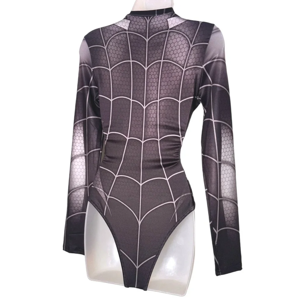 New Small Black‎ Spider Web Long Sleeve Bodysuit Spiderman Superhero Costume